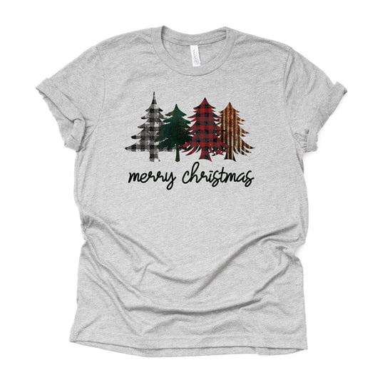 Merry Christmas Tree, Christmas Trees in Plaid and Metal Design on premium Bella + Canvas unisex shirt, 2 color choices, plus size