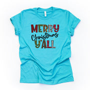 Christmas Tee, Cute Plaid and Leopard Print Merry Christmas Y'all Design on premium unisex shirt, 2 color choices, plus size available