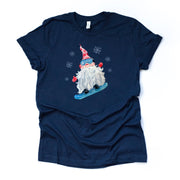 Christmas Tee, Watercolor Christmas Gnome Snowboarding in Snow Design on premium unisex shirt, 2 color choices, plus size available