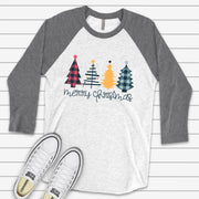 Christmas Raglan, Cute Green and Red Plaid Christmas Tree, Spiral Tree Design on premium Raglan 3/4 sleeve shirt, plus size, 2X, 3X