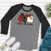 Christmas Raglan, Peace, Love and Santa with Old Fashioned Santa Design on premium Raglan 3/4 sleeve shirt, plus size, 2X, 3X