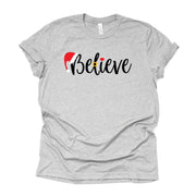 Christmas Tee, Cute Santa Hat and Belt BELIEVE Christmas Design on premium Bella + Canvas unisex shirt, 2 color choices, plus size