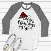 Christmas Raglan, Merry Christmas Y'all Red Buffalo Plaid Santa Hat Design on premium Raglan 3/4 sleeve shirt, plus size, 2X, 3X