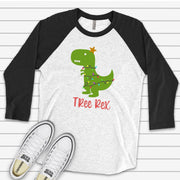 Christmas Raglan, Funny Christmas Tree Rex T-Rex Dinosaur Christmas Design on premium Raglan 3/4 sleeve shirt, plus size, 2X, 3X