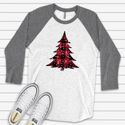 Christmas Raglan, Cute Red Buffalo Plaid Christmas Tree Design on premium Raglan 3/4 sleeve shirt, plus size, 2X, 3X