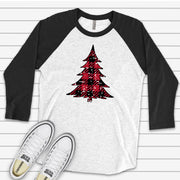 Christmas Raglan, Cute Red Buffalo Plaid Christmas Tree Design on premium Raglan 3/4 sleeve shirt, plus size, 2X, 3X