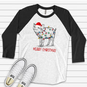Christmas Pig Raglan, Cute Pig in Santa Hat with Christmas Lights Design on premium Raglan 3/4 sleeve shirt, plus size, 2X, 3X