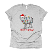 Christmas Tee, Cute Christmas Pig with Santa Hat and Lights Design on premium Bella + Canvas unisex shirt, 3 color choices, plus sizes