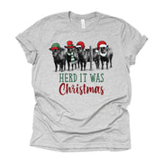 Christmas Tee, Cute Christmas Cows, Herd It Was Christmas Design on premium unisex shirt, 2 color choices, plus sizes available