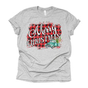 Merry Christmas Old Blue Truck on red and black buffalo plaid design on premium unisex shirt, 2 color choices, plus sizes available