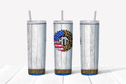 MONOGRAM 20 oz Skinny Tumbler, Patriotic Custom Monogram Tumbler, Patriotic and Leopard Sunflower Tumbler,  20 oz Stainless Steel Tumbler