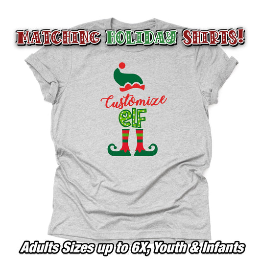 Personalized Family or Group Christmas Tee, CUSTOM Christmas Elf Matching Family Design on premium unisex shirt, plus size, youth sizes