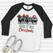 Christmas Raglan, Christmas Cows, Cute Cow Herd That It Was Christmas Design on premium Raglan 3/4 sleeve shirt, plus size, 2X, 3X