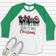 Christmas Raglan, Christmas Cows, Cute Cow Herd That It Was Christmas Design on premium Raglan 3/4 sleeve shirt, plus size, 2X, 3X