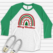 Christmas Raglan, Green and Red Retro Rainbow Christmas Design on premium Raglan 3/4 sleeve shirt, plus size, 2X, 3X