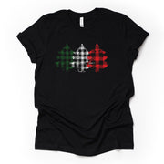 Christmas Tee, Super Cute Three Christmas Trees in Green, Red and Black Plaid Design on premium cotton unisex shirt, plus sizes, 2x, 3x, 4x