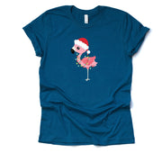 Christmas Tee, Cute Flamingo in Santa Hat and Christmas Lights Design on premium unisex shirt, 2 color choices, plus size available
