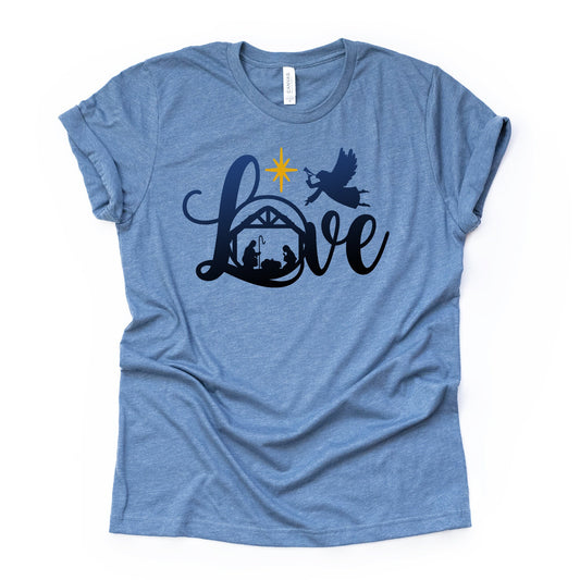 Christian Christmas Tee, Christmas Manger LOVE with Christmas Angel and Star Design on premium unisex shirt, 3 color choices, plus size