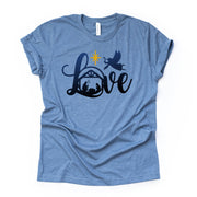 Christian Christmas Tee, Christmas Manger LOVE with Christmas Angel and Star Design on premium unisex shirt, 3 color choices, plus size