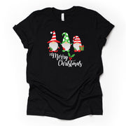 Christmas Tee, Cute Merry Christmas Gnomes, Three Christmas Gnomes Design on premium unisex shirt, 2 color choices, plus size available