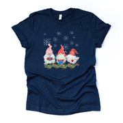 Christmas Tee, Watercolor Christmas Gnomes Standing in Snow Design on premium unisex shirt, 2 color choices, plus size available