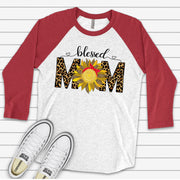 Mom Raglan, Blessed Mom with Sunflower and Leopard Print Design on premium Raglan 3/4 sleeve shirt, gift for mom, plus size, 2X, 3X