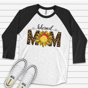 Mom Raglan, Blessed Mom with Sunflower and Leopard Print Design on premium Raglan 3/4 sleeve shirt, gift for mom, plus size, 2X, 3X