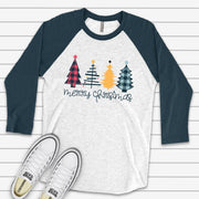 Christmas Raglan, Cute Green and Red Plaid Christmas Tree, Spiral Tree Design on premium Raglan 3/4 sleeve shirt, plus size, 2X, 3X