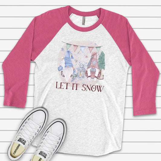 Christmas Raglan, Beautiful Pastel Watercolor Gnomes Let It Snow Design on premium Raglan 3/4 sleeve shirt, plus size, 2X, 3X