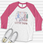 Christmas Raglan, Beautiful Pastel Watercolor Gnomes Let It Snow Design on premium Raglan 3/4 sleeve shirt, plus size, 2X, 3X