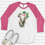 Elephant Raglan, Beautiful Watercolor Baby Elephant with Pink Ribbon Design on premium Raglan 3/4 sleeve shirt, plus size, 2X, 3X