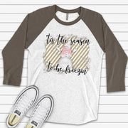 Christmas Raglan, Pastel Tis The Season To Be Freezin' Cute Snowgirl Design on premium Raglan 3/4 sleeve shirt, plus size, 2X, 3X