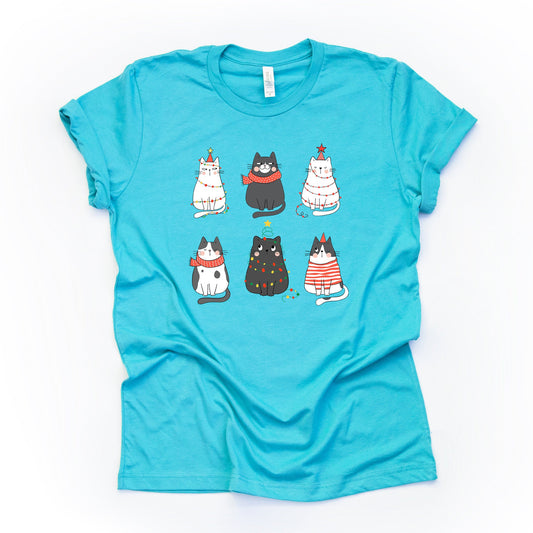 Christmas Tee, Black and White Christmas Cats, Cute Christmas Cats various poses Design on premium unisex shirt, 2 color choices, plus size