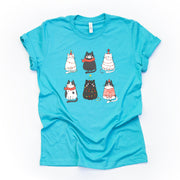Christmas Tee, Black and White Christmas Cats, Cute Christmas Cats various poses Design on premium unisex shirt, 2 color choices, plus size