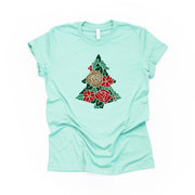 Christmas Tee, Pretty Gold, Red and Green Floral Christmas Tree, Poinsettia rose Design on premium unisex shirt, 2 color choices, plus size