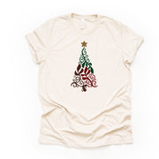 Christmas Tee, Pretty Gold, Red and Green Swirl Christmas Tree, Modern Tree Design on premium unisex shirt, 2 color choices, plus size