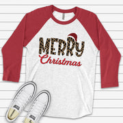Christmas Raglan, Leopard Print Merry Christmas with Red Plaid Santa Hat Design on premium Raglan 3/4 sleeve shirt, plus size, 2X, 3X