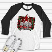 Christmas Raglan, Cute Christmas Gnomes with Plaid and Leopard Print Hats Design on premium Raglan 3/4 sleeve shirt, plus size, 2X, 3X
