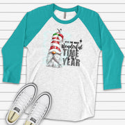 Christmas Raglan, Christmas Gnome with Hat, Most Wonderful Time of the Year Design on premium Raglan 3/4 sleeve shirt, plus size, 2X, 3X