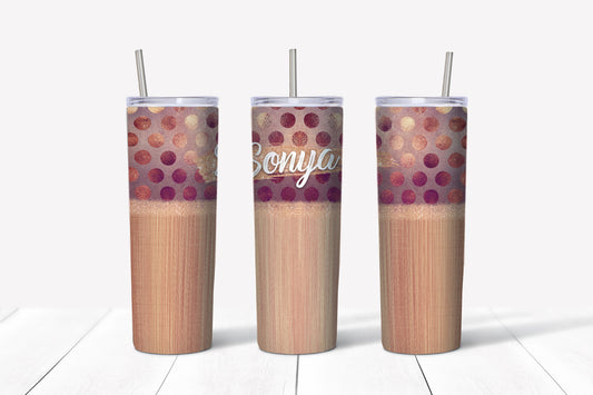 CUSTOM 20 oz Skinny Tumbler, Personalized Rose Gold Tumbler, Pretty Rose Gold and Polka Dots Tumbler,  20 oz Stainless Steel Tumbler