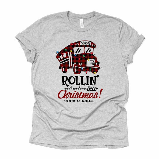 Christmas School Bus Driver Shirt, Rollin' Into Christmas Red Plaid School Bus Design on premium unisex shirt, 2 colors, up to 5X plus size