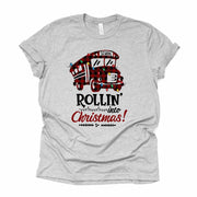 Christmas School Bus Driver Shirt, Rollin' Into Christmas Red Plaid School Bus Design on premium unisex shirt, 2 colors, up to 5X plus size