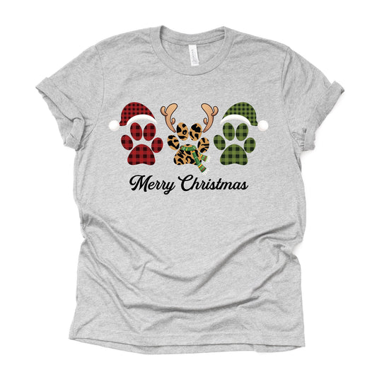 Christmas Tee, Cute Red & Green Plaid and Leopard Paw Print Christmas Design on premium unisex shirt, 2 color choices, plus size