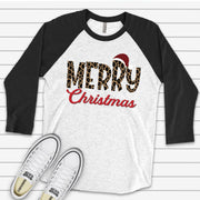 Christmas Raglan, Leopard Print Merry Christmas with Red Plaid Santa Hat Design on premium Raglan 3/4 sleeve shirt, plus size, 2X, 3X