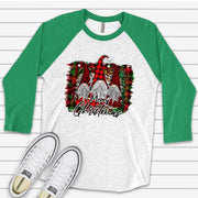 Christmas Raglan, Cute Christmas Gnomes with Plaid and Leopard Print Hats Design on premium Raglan 3/4 sleeve shirt, plus size, 2X, 3X