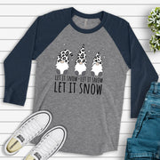 Gnome Raglan, Winter Snow Gnomes, Gnomes in Leopard Print Hat LET IT SNOW Design on premium Raglan 3/4 sleeve shirt, plus size, 2X, 3X