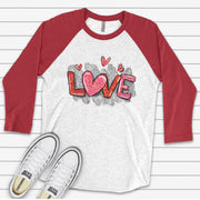 Valentine's Day Raglan, Super Cute Metallic-Look LOVE with Hearts Design on premium Raglan 3/4 sleeve shirt, plus size, 2X, 3X
