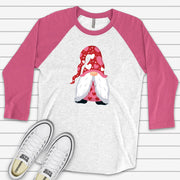 Valentine's Day Raglan, Cute Valentine's Day Gnome with Hearts Design on premium Raglan 3/4 sleeve shirt, plus size, 2X, 3X
