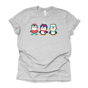 Winter Tee, Fun Penguins in Winter Gear Design on premium unisex shirt, 2 color choices, 2X, 3X, 4X, plus sizes available