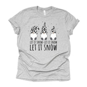 Winter Gnomes Tee, Snow Gnomes with Snow Leopard Hats Design on premium unisex shirt, 2 color choices, 2X, 3X, 4X, plus sizes available